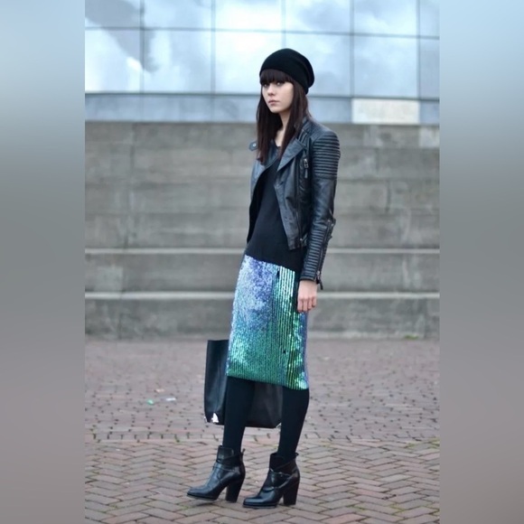 H&M Mermaid Skirt Women 4 Green Whimsigoth Glam Goth Sequin Pencil Rare Scales - Picture 3 of 9